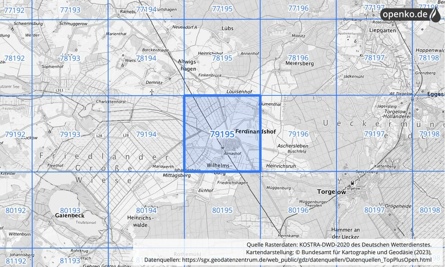 Übersichtskarte des KOSTRA-DWD-2020-Rasterfeldes Nr. 79195