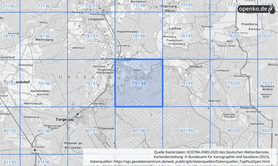 Übersichtskarte des KOSTRA-DWD-2020-Rasterfeldes Nr. 79198