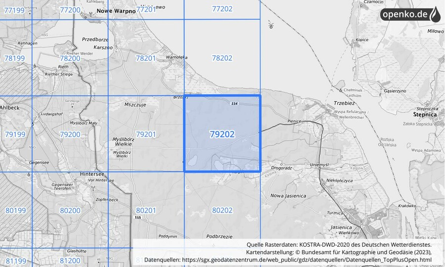 Übersichtskarte des KOSTRA-DWD-2020-Rasterfeldes Nr. 79202