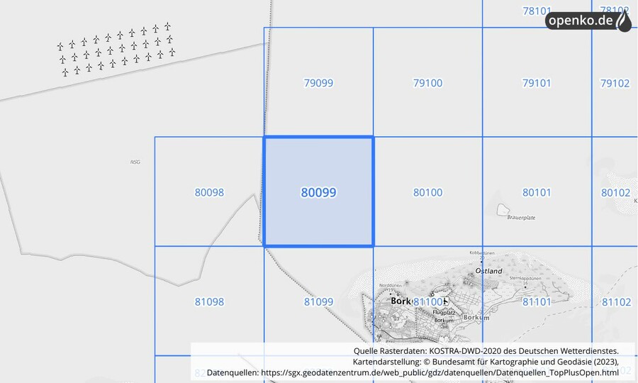 Übersichtskarte des KOSTRA-DWD-2020-Rasterfeldes Nr. 80099