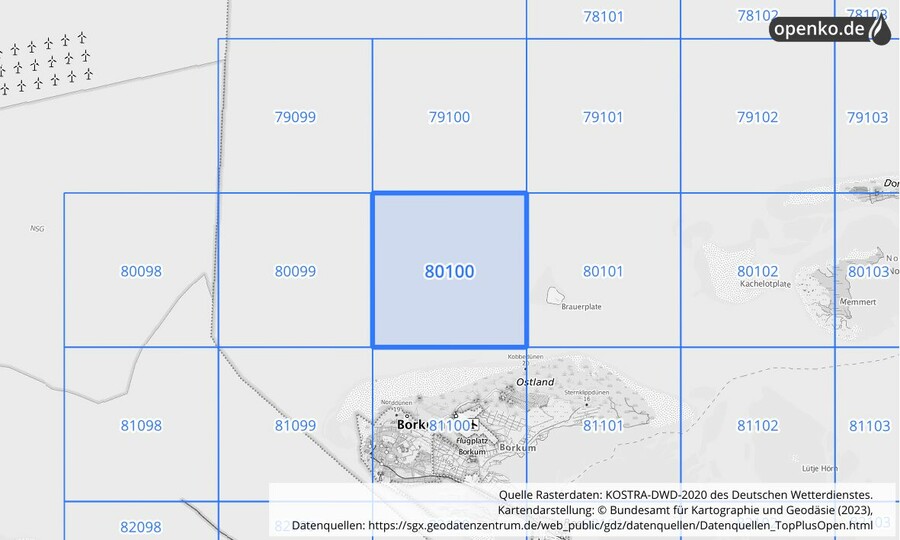 Übersichtskarte des KOSTRA-DWD-2020-Rasterfeldes Nr. 80100