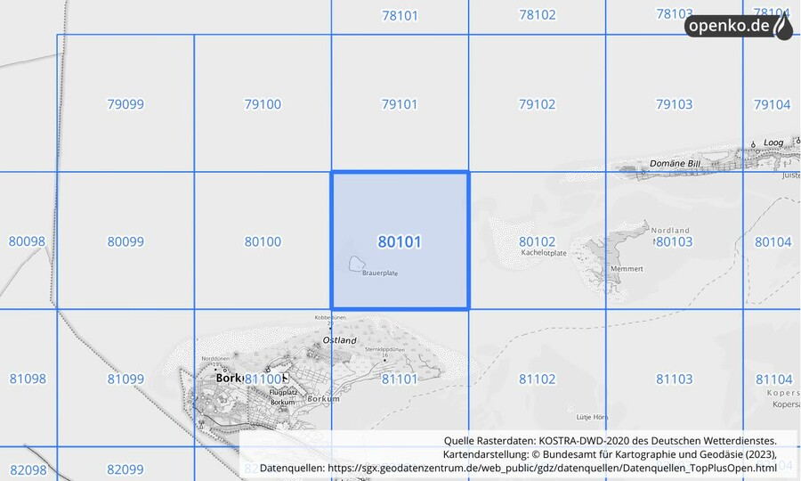 Übersichtskarte des KOSTRA-DWD-2020-Rasterfeldes Nr. 80101