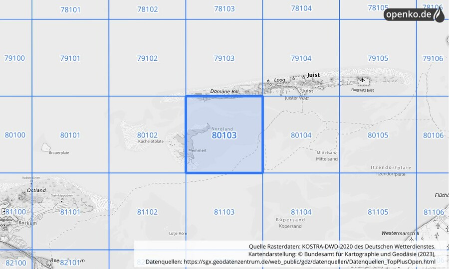 Übersichtskarte des KOSTRA-DWD-2020-Rasterfeldes Nr. 80103