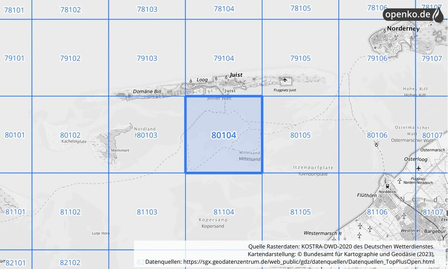 Übersichtskarte des KOSTRA-DWD-2020-Rasterfeldes Nr. 80104