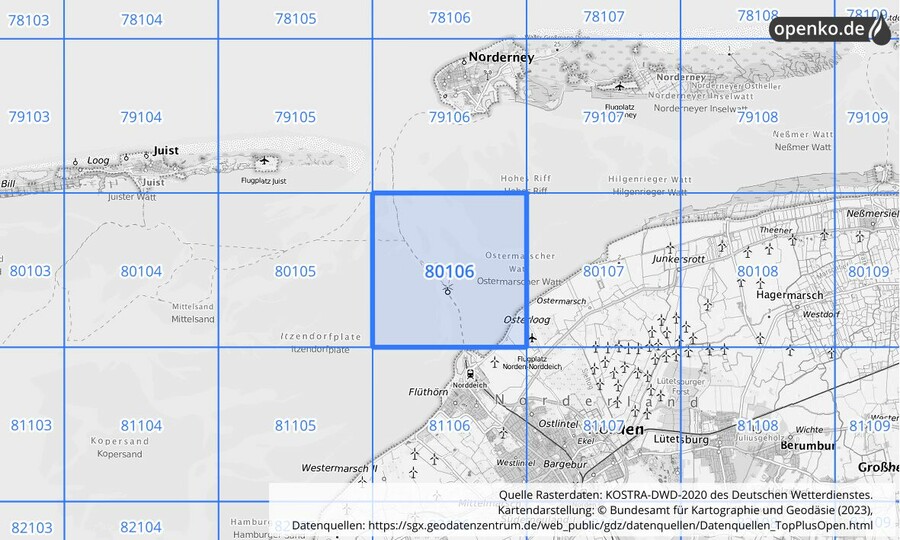 Übersichtskarte des KOSTRA-DWD-2020-Rasterfeldes Nr. 80106