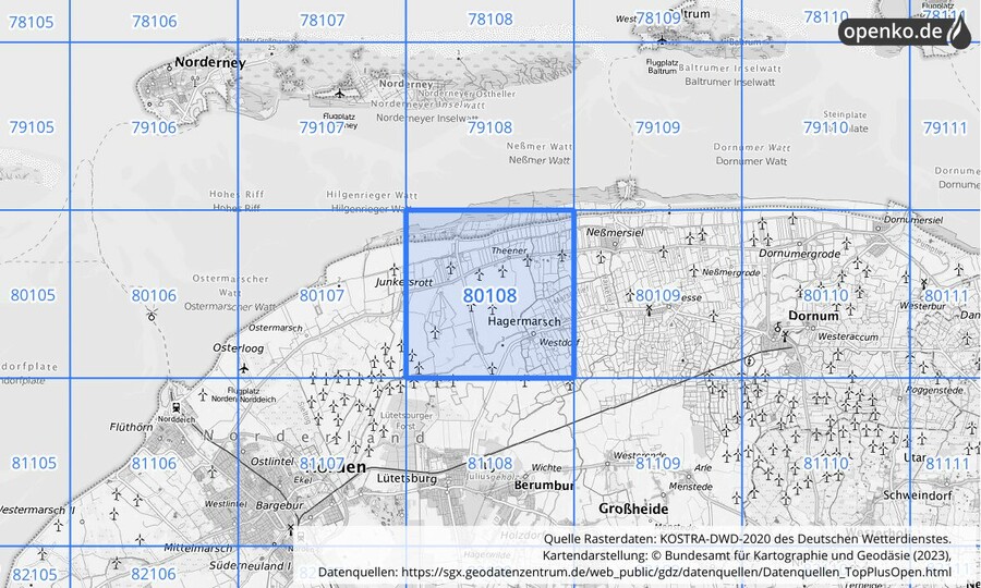 Übersichtskarte des KOSTRA-DWD-2020-Rasterfeldes Nr. 80108