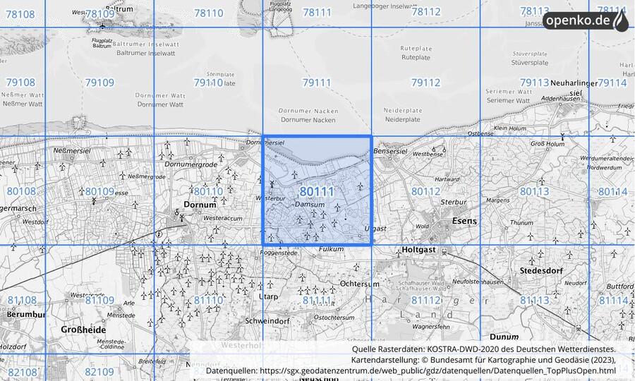 Übersichtskarte des KOSTRA-DWD-2020-Rasterfeldes Nr. 80111