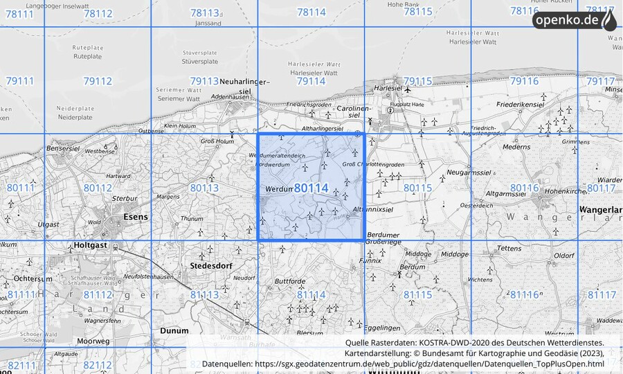 Übersichtskarte des KOSTRA-DWD-2020-Rasterfeldes Nr. 80114