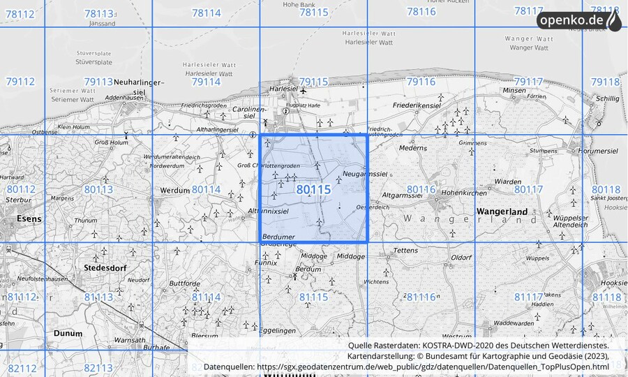 Übersichtskarte des KOSTRA-DWD-2020-Rasterfeldes Nr. 80115