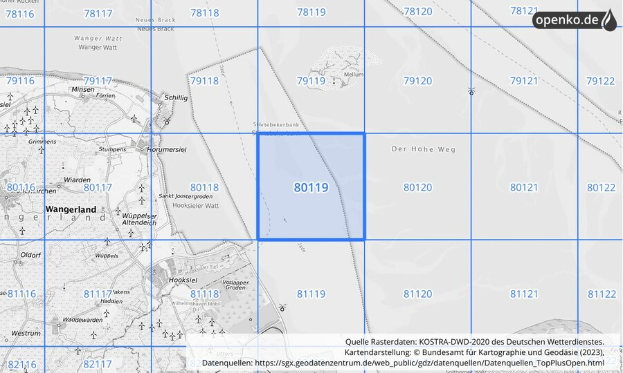 Übersichtskarte des KOSTRA-DWD-2020-Rasterfeldes Nr. 80119