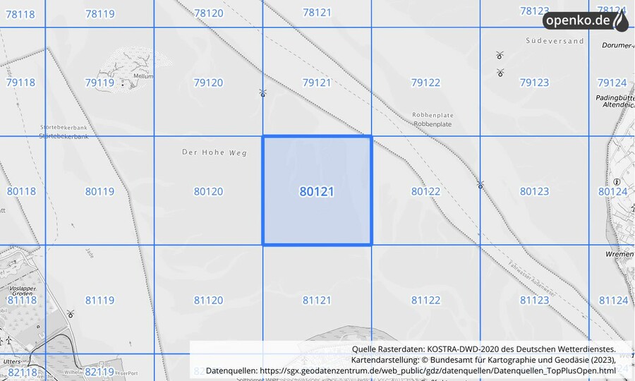 Übersichtskarte des KOSTRA-DWD-2020-Rasterfeldes Nr. 80121