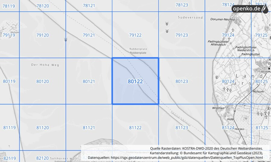 Übersichtskarte des KOSTRA-DWD-2020-Rasterfeldes Nr. 80122