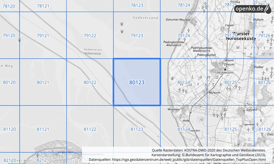 Übersichtskarte des KOSTRA-DWD-2020-Rasterfeldes Nr. 80123