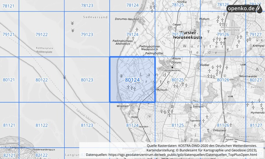 Übersichtskarte des KOSTRA-DWD-2020-Rasterfeldes Nr. 80124