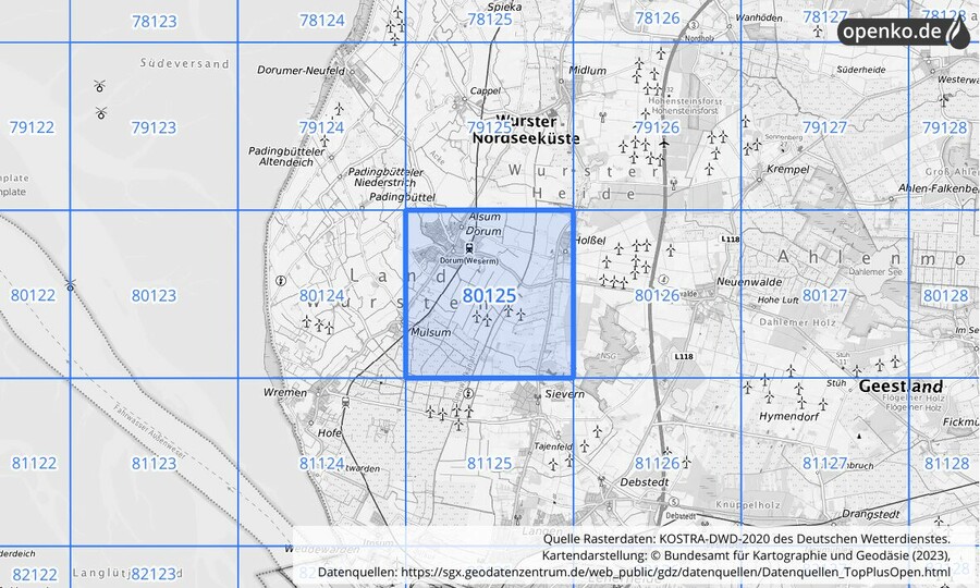 Übersichtskarte des KOSTRA-DWD-2020-Rasterfeldes Nr. 80125