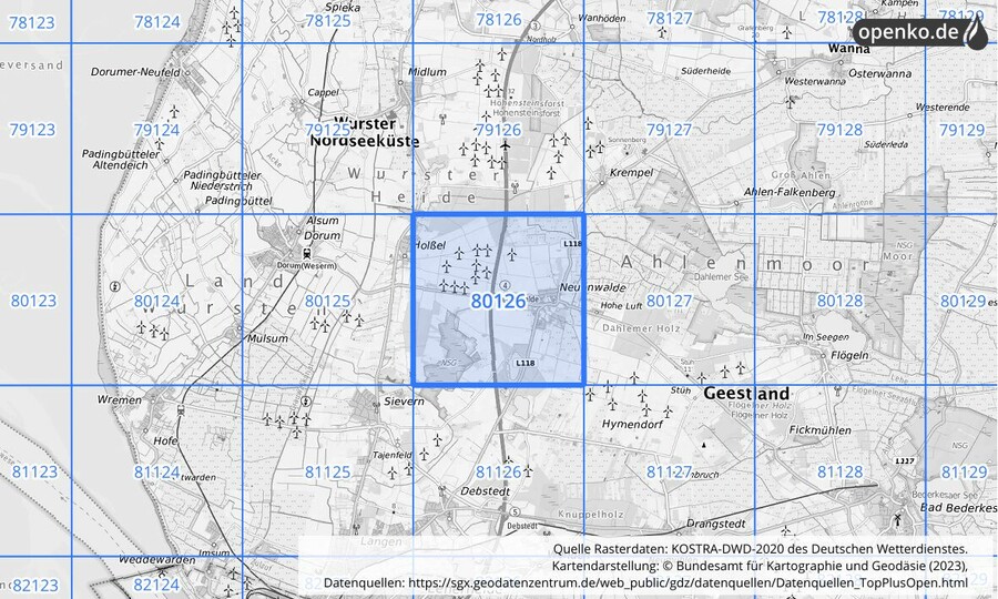 Übersichtskarte des KOSTRA-DWD-2020-Rasterfeldes Nr. 80126