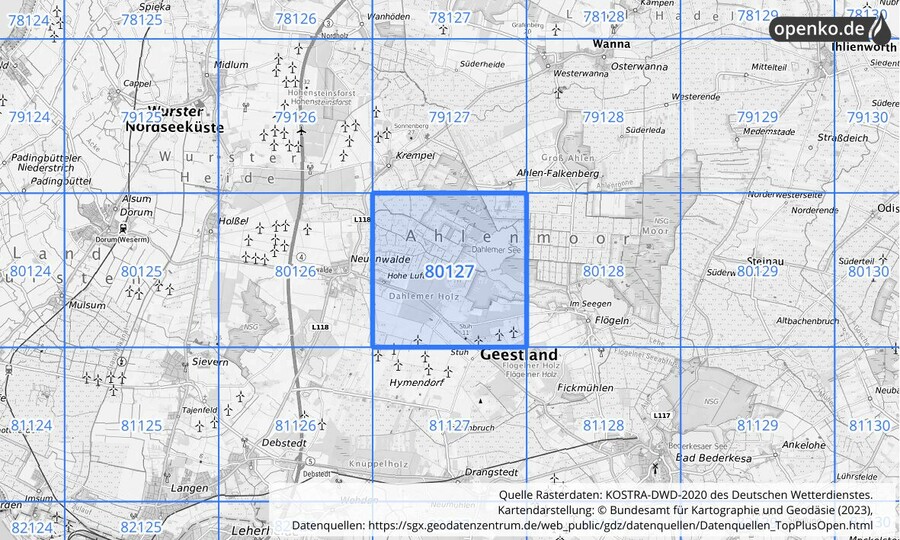Übersichtskarte des KOSTRA-DWD-2020-Rasterfeldes Nr. 80127