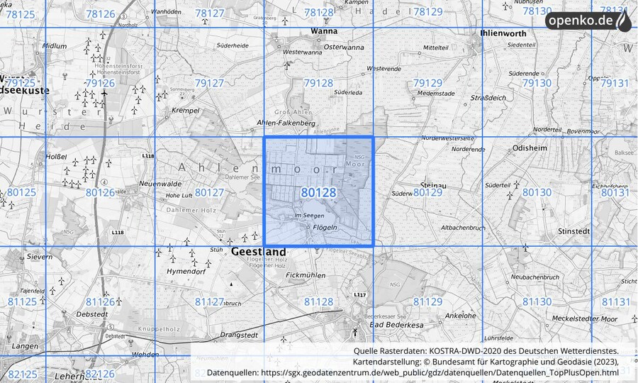 Übersichtskarte des KOSTRA-DWD-2020-Rasterfeldes Nr. 80128