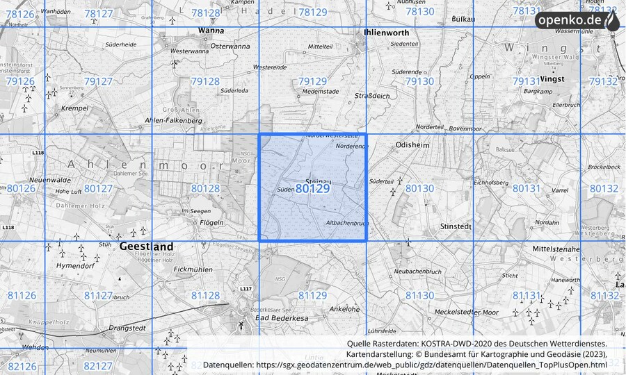 Übersichtskarte des KOSTRA-DWD-2020-Rasterfeldes Nr. 80129