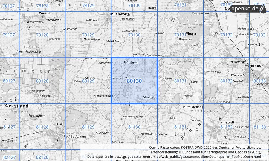 Übersichtskarte des KOSTRA-DWD-2020-Rasterfeldes Nr. 80130