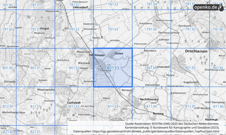 Übersichtskarte des KOSTRA-DWD-2020-Rasterfeldes Nr. 80133