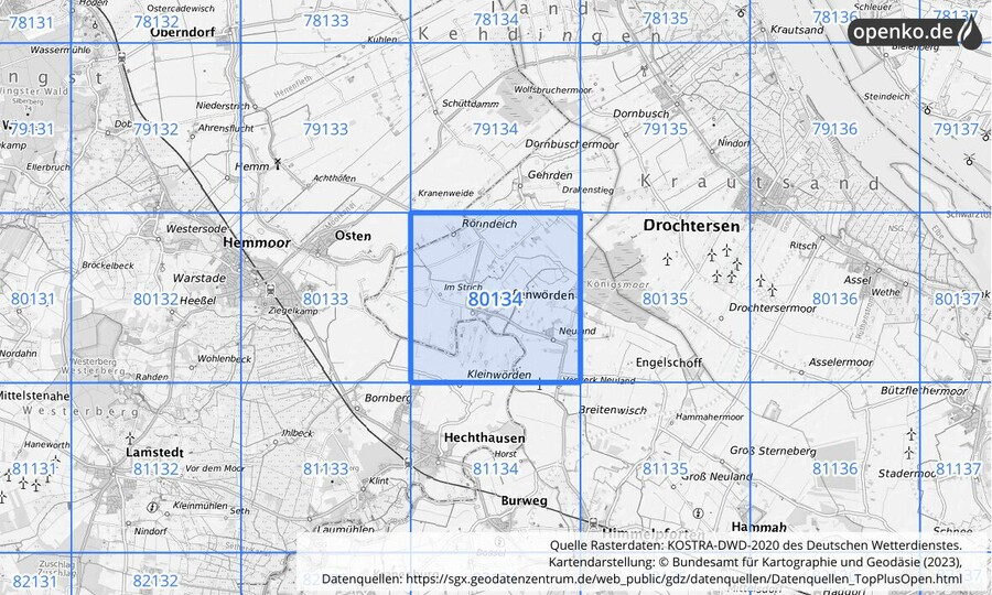 Übersichtskarte des KOSTRA-DWD-2020-Rasterfeldes Nr. 80134