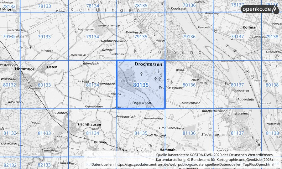 Übersichtskarte des KOSTRA-DWD-2020-Rasterfeldes Nr. 80135