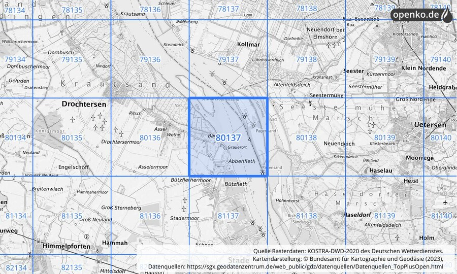 Übersichtskarte des KOSTRA-DWD-2020-Rasterfeldes Nr. 80137