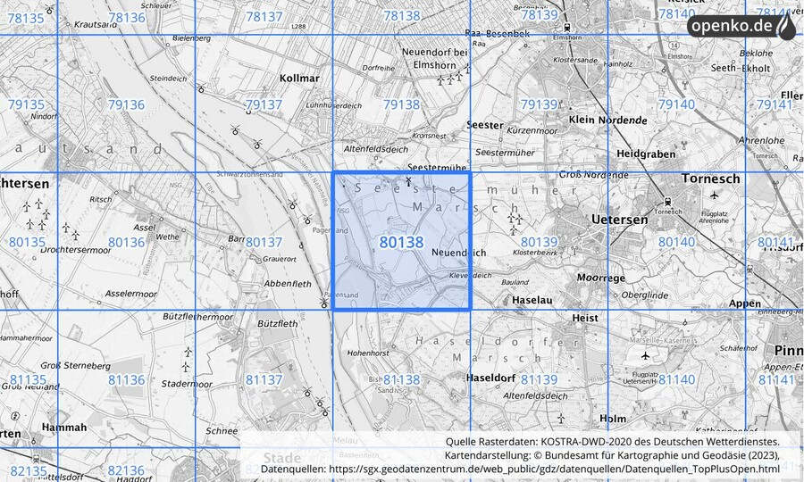 Übersichtskarte des KOSTRA-DWD-2020-Rasterfeldes Nr. 80138