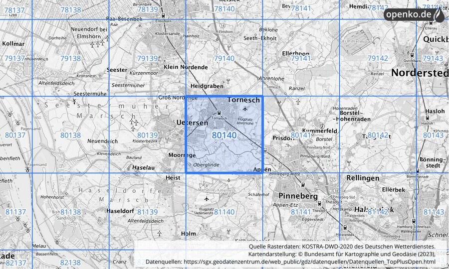 Übersichtskarte des KOSTRA-DWD-2020-Rasterfeldes Nr. 80140