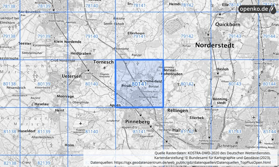 Übersichtskarte des KOSTRA-DWD-2020-Rasterfeldes Nr. 80141