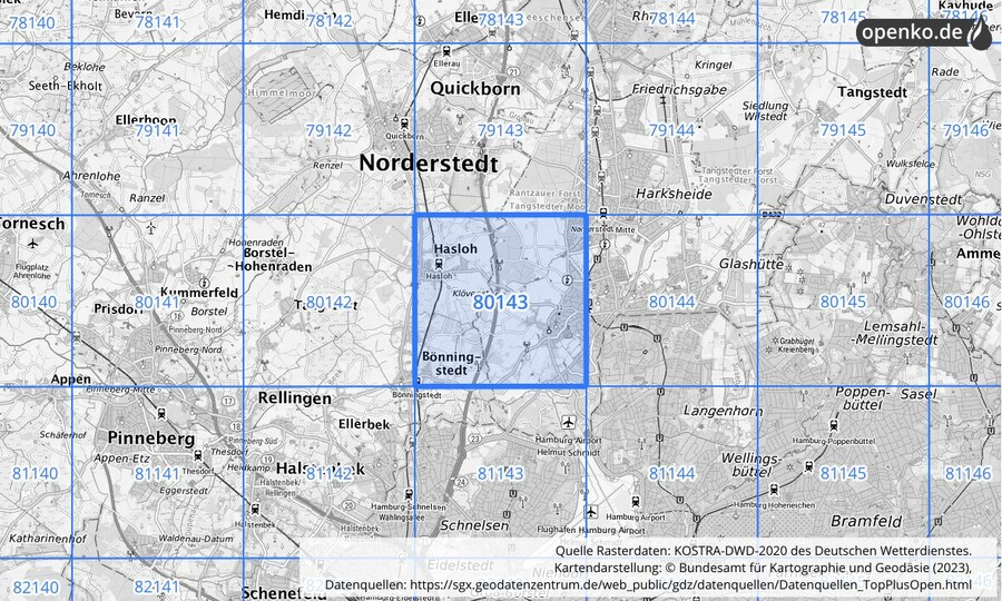 Übersichtskarte des KOSTRA-DWD-2020-Rasterfeldes Nr. 80143