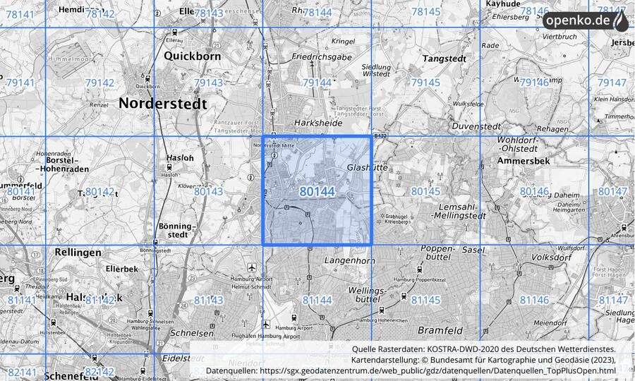 Übersichtskarte des KOSTRA-DWD-2020-Rasterfeldes Nr. 80144