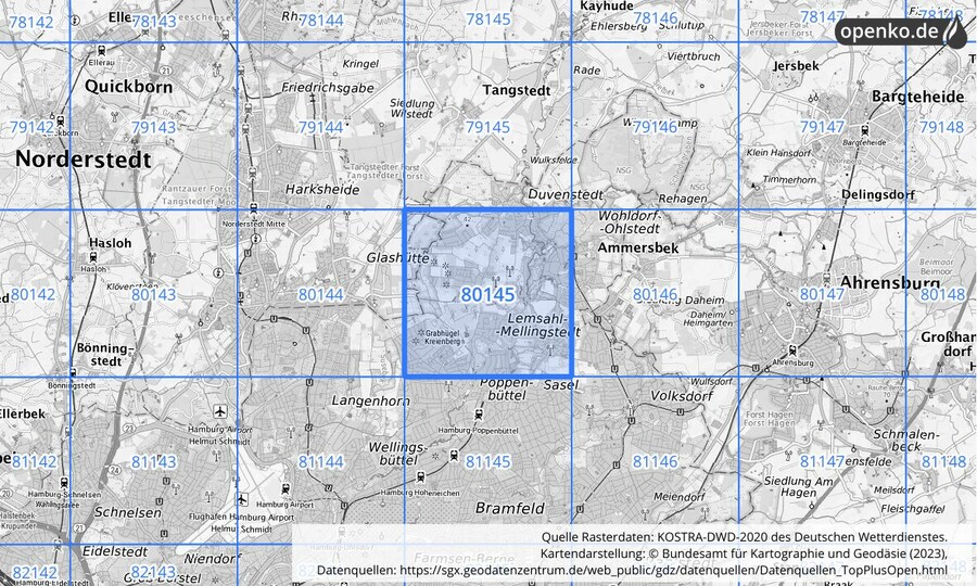 Übersichtskarte des KOSTRA-DWD-2020-Rasterfeldes Nr. 80145