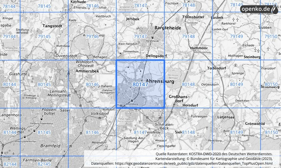 Übersichtskarte des KOSTRA-DWD-2020-Rasterfeldes Nr. 80147