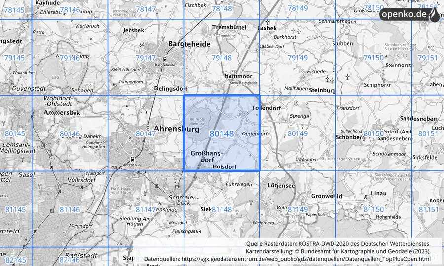 Übersichtskarte des KOSTRA-DWD-2020-Rasterfeldes Nr. 80148