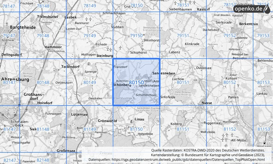 Übersichtskarte des KOSTRA-DWD-2020-Rasterfeldes Nr. 80150
