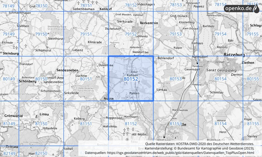 Übersichtskarte des KOSTRA-DWD-2020-Rasterfeldes Nr. 80152