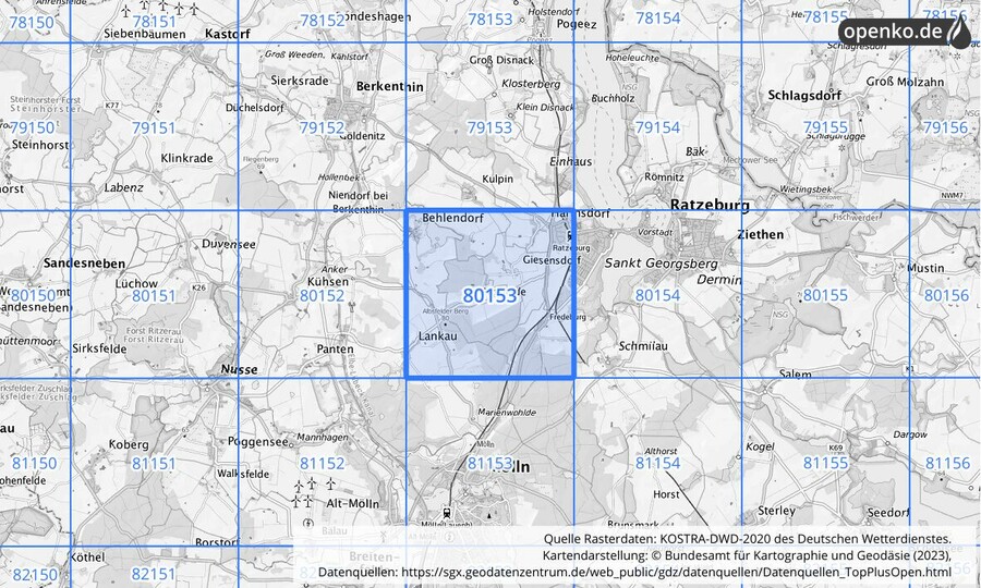 Übersichtskarte des KOSTRA-DWD-2020-Rasterfeldes Nr. 80153