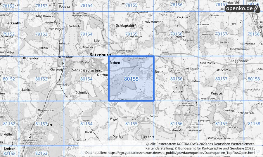 Übersichtskarte des KOSTRA-DWD-2020-Rasterfeldes Nr. 80155