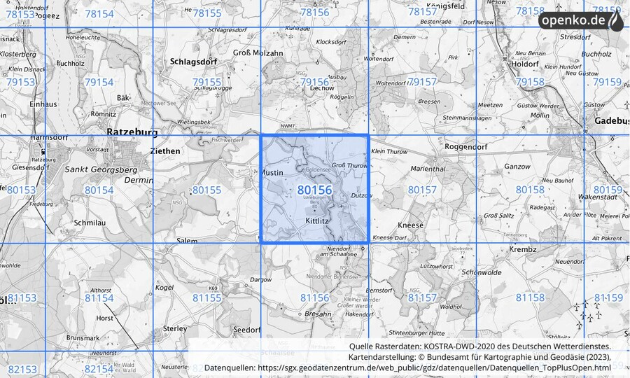 Übersichtskarte des KOSTRA-DWD-2020-Rasterfeldes Nr. 80156