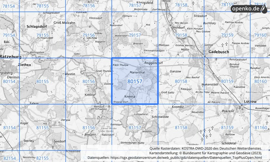 Übersichtskarte des KOSTRA-DWD-2020-Rasterfeldes Nr. 80157