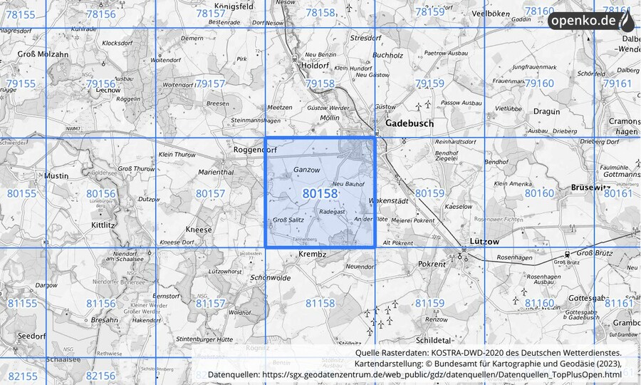 Übersichtskarte des KOSTRA-DWD-2020-Rasterfeldes Nr. 80158