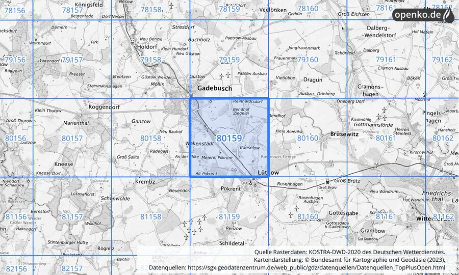 Übersichtskarte des KOSTRA-DWD-2020-Rasterfeldes Nr. 80159