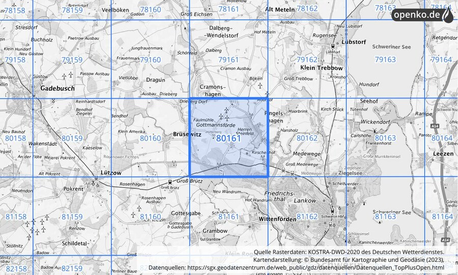 Übersichtskarte des KOSTRA-DWD-2020-Rasterfeldes Nr. 80161