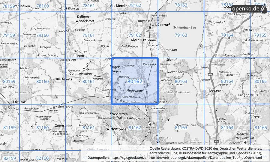 Übersichtskarte des KOSTRA-DWD-2020-Rasterfeldes Nr. 80162