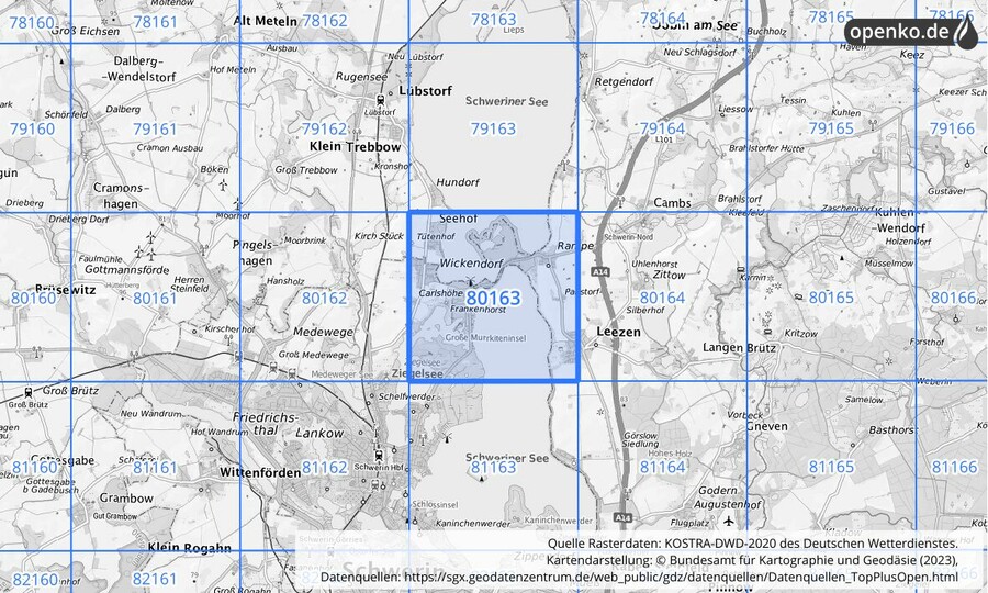 Übersichtskarte des KOSTRA-DWD-2020-Rasterfeldes Nr. 80163