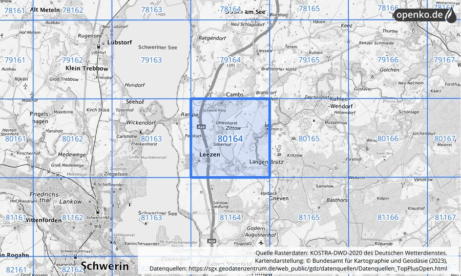 Übersichtskarte des KOSTRA-DWD-2020-Rasterfeldes Nr. 80164
