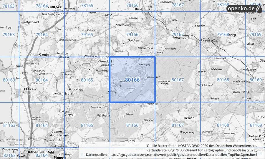 Übersichtskarte des KOSTRA-DWD-2020-Rasterfeldes Nr. 80166