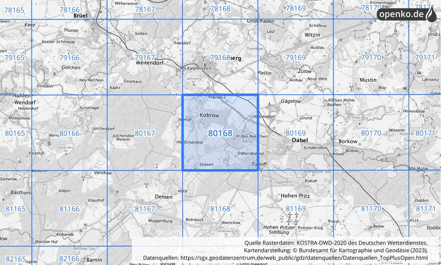 Übersichtskarte des KOSTRA-DWD-2020-Rasterfeldes Nr. 80168